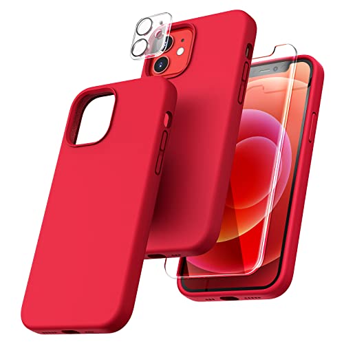 TOCOL [5 in 1 for iPhone 12 Case, for iPhone 12 Pro Case, with 2 Pack Screen Protector + 2 Pack Camera Lens Protector, Silicone Shockproof Phone Case [Anti-Scratch] [Drop Protection], Red