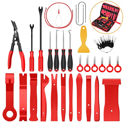 GOOACC 40Pcs Trim Removal Tool,Auto Terminal Removal Key Tool,Auto Clip Pliers Stereo Removal Tools,Car Upholstery Repair Pry Kit,Precision Hook and Pick Set,Wiring Threader,Car Film Scraper