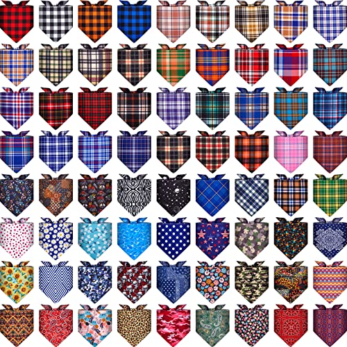 72 Packs Dog Bandanas Bulk Buffalo Plaid Dog Scarf Bibs Triangle Dog Drool Bibs Fruit Animal Leaves Washable Pet Bandanas Adjustable Kerchief Dog Bandana for Small Medium Large Pet (Plaid)