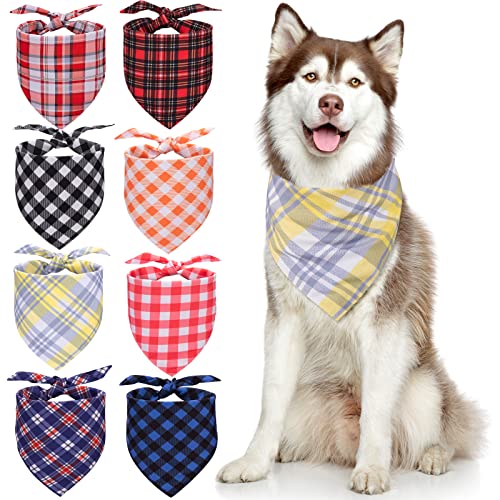 Dog Bandanas, Extra Large Dog Bandanas, Adjustable Plaid Dog Bandanas Handkerchiefs Triangle Bibs for Puppy Small Medium Large Dogs, 8 Pack