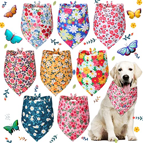 8 Pieces Summer Dog Bandanas Flower Print Reversible Triangle Bibs Floral Puppy Scarf Kerchief Accessories for Dogs Cats Pets (Cute Flower Patterns,XL)