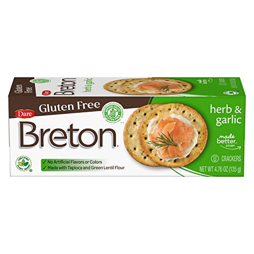 Dare Breton Gluten Free Crackers, Herb and Garlic, 4.76 oz Box (Pack of 6)  Healthy Gluten Free Snacks with No Artificial Colors or Flavors  Made with Tapioca Flour and Green Lentil Flour