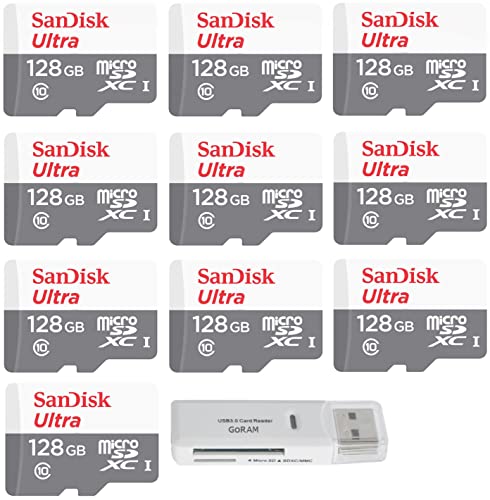 SanDisk 128GB Ultra (10 Pack) MicroSD Class 10 100MB/s Micro SDXC Memory Card for Smartphone SDSQUNR-128G Bundle with (1) GoRAM Reader (128GB, 10 Pack)