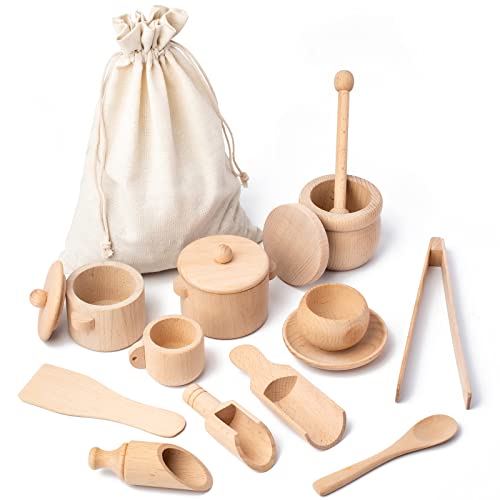 13 Pcs Montessori Wooden Tea Set Toys Sensory Bin Tools, Kids Pretend Kitchen Play Accessories for Preschool Toddlers