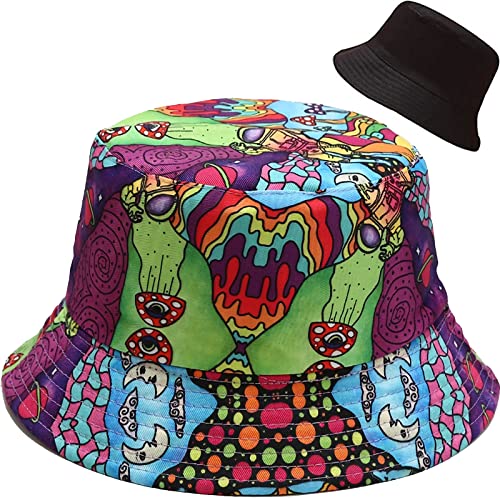 XYIYI Psychedelic Mushroom Bucket Hat Funny Beach Fisherman Hats for Women, Reversible Double-Side-Wear