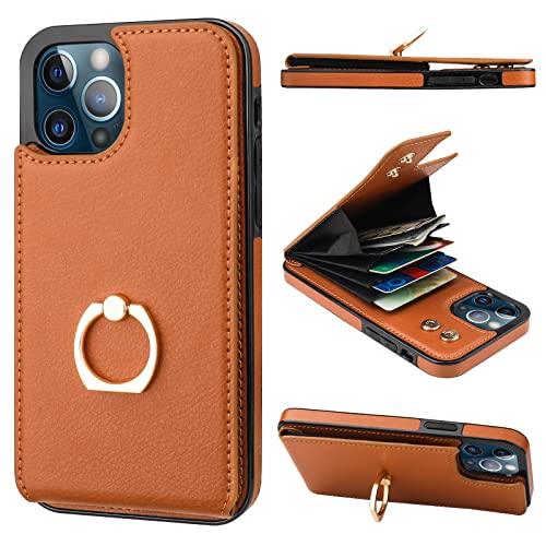 Folosu Compatible with iPhone 12/12 Pro Case Wallet with Card Holder, 360Rotation Finger Ring Holder Kickstand Protective RFID Blocking PU Leather Double Buttons Flip Shockproof Cover 6.1 Inch Brown