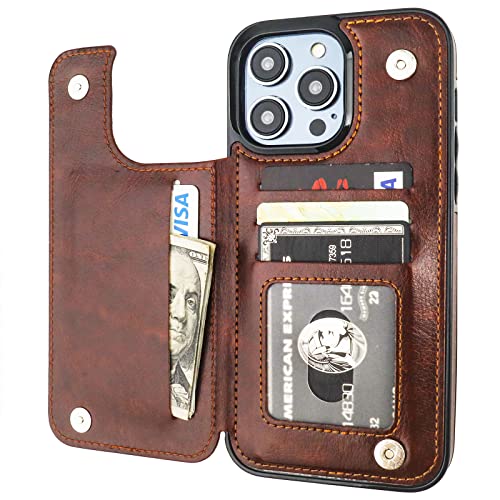 ONETOP Compatible with iPhone 14 Pro Max Wallet Case with Card Holder, PU Leather Kickstand Card Slots Case, Double Magnetic Clasp and Durable Shockproof Cover 6.7 Inch (Brown)