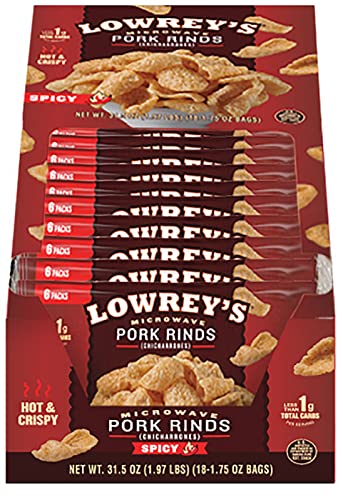 Lowrey's Bacon Curls Microwave Pork Rinds (Chicharrones), Hot & Spicy, 1.75 Ounce (Pack of 18)