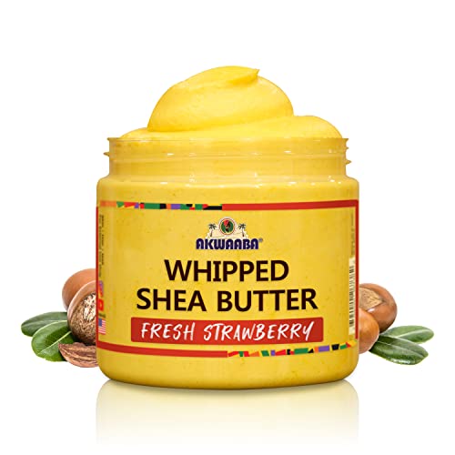 AKWAABA Whipped Shea Butter (Fresh Strawberry) 12 oz - Body & Hair Moisturizer - With Raw Shea Butter from Ghana - Rich Vitamins A and E - Natural Yellow