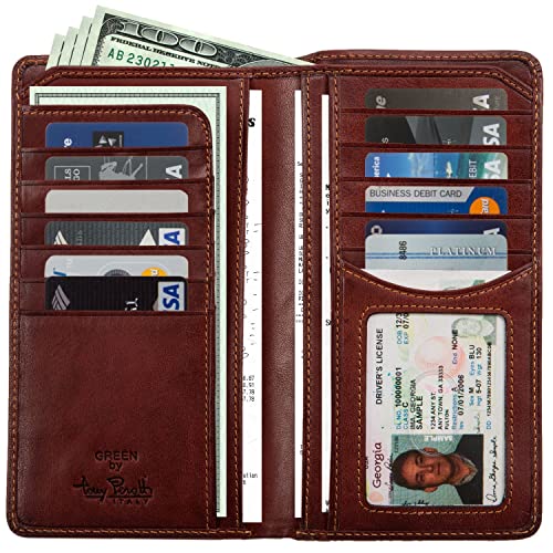 Tony Perotti Leather Long Wallets for Men - Men's Checkbook Wallet - Men's Italian Leather Bifold Wallet with Card Holders, Pockets, ID Window - Eco-Friendly Vegetable-Tanned Full Grain Leather