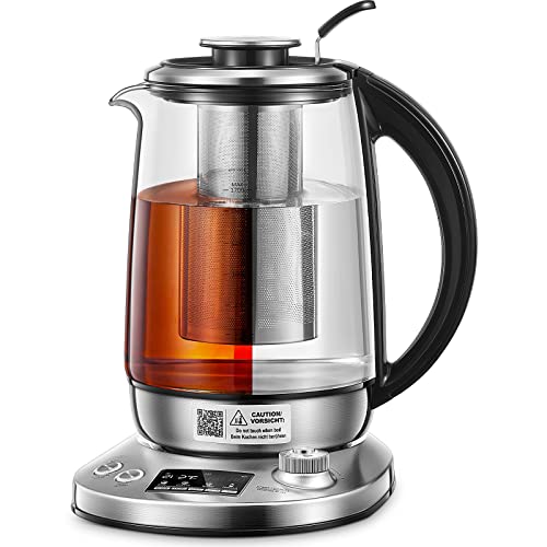 Tea Kettle Electric with 9 Presets, FOHERE Glass Kettle with Removable Infuser, 140 to 212 Precise Temperature Control, 1200W, 1.7L, Borosilicate Glass | Stainless Steel