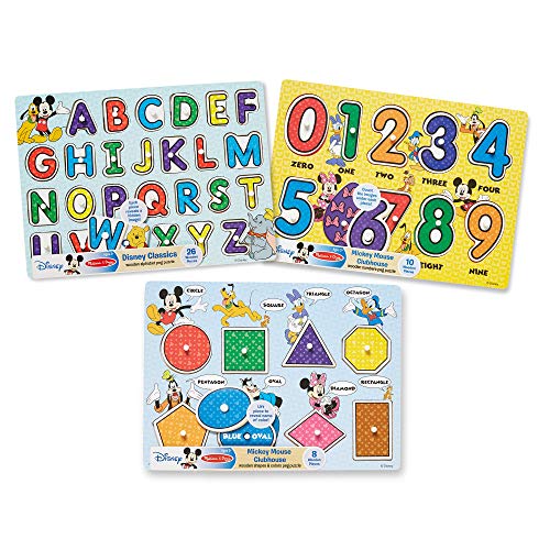 Melissa & Doug Disney Wooden Peg Puzzles Set: Letters, Numbers, and Shapes and Colors - Letters And Number Puzzles, Disney Puzzles, Wooden Puzzles For Toddlers And Kids Ages 3+