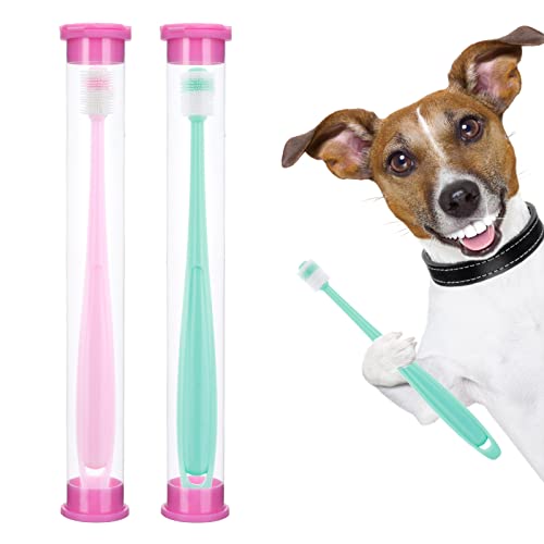 Molain Dog Toothbrush 360 Degree, 2 Set Silicone Handle Cat Toothbrushes with Storage Box, Puppy Dogs Pet Tooth Cleaning Kit (Pink+Blue)