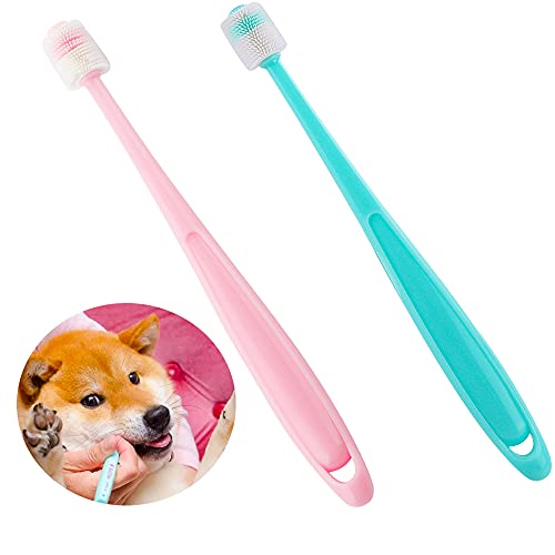 2 Pcs 360-Degree Small Dog and Cat Toothbrush, Bristle Diameter 0.51", Soft Silicone Deep Pet Teeth Cleaning Kit ( Colors May Vary )