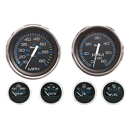 Faria KTF003 Chesapeake Stainless Steel Inboard 6-Gauge Boxed Set - Speedometer/Tachometer/Fuel Level/Voltmeter/Water Temp/Oil PSI, Black