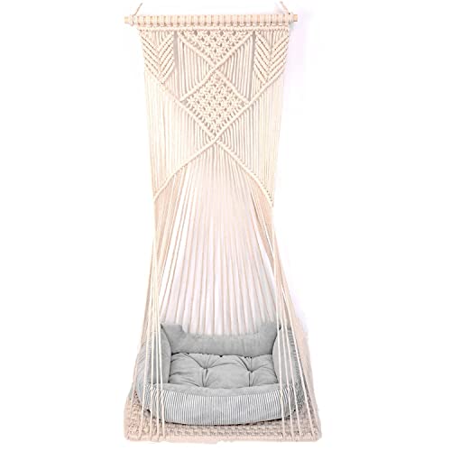 Doralus Cat Bed Cat Hammock Macrame Cat Swing Bed Cat Cage Cotton Rope Hanging Cat House Cats Toy Tassel Basket Tapestry (Beige, Swing Bed+Cushion)
