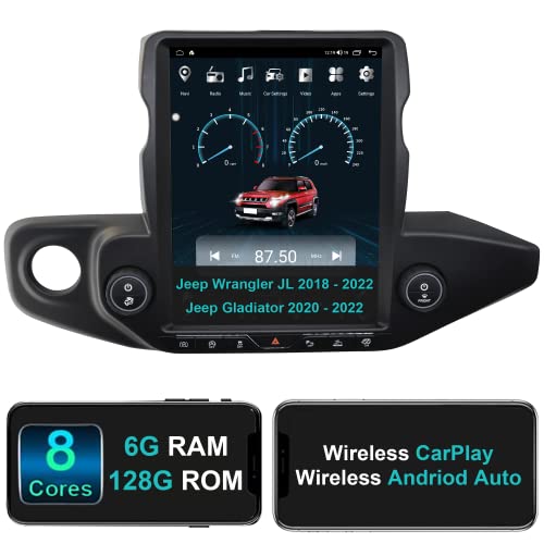6GB+128GB 8-Core Car Stereo for Jeep Wrangler 2018-2022/ Gladiator 2020-2022 Wireless CarPlay Android Auto 12.1 Inch Vertical Touchscreen Android Car Radio Audio Receiver GPS Navigation Dual Bluetooth