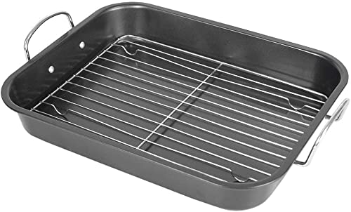 Deluxe Non Stick Roaster Pan/Turkey Roasting Pan with Rack and Handles, Excellent Broiler Pan for Turkeys, Hams and Chickens 14.5" x 11.5", Black