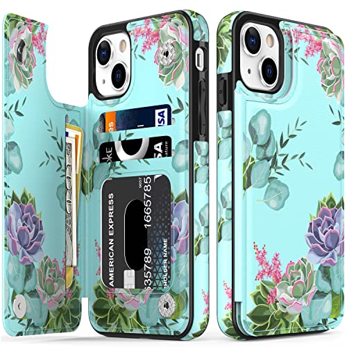 LETO iPhone 14 Plus Case,Flip Folio Leather Wallet Case Cover with Fashion Flower Designs for Girls Women,3 Card Slots Kickstand Protective Phone Case for iPhone 14 Plus 6.7" Green Floral Garden