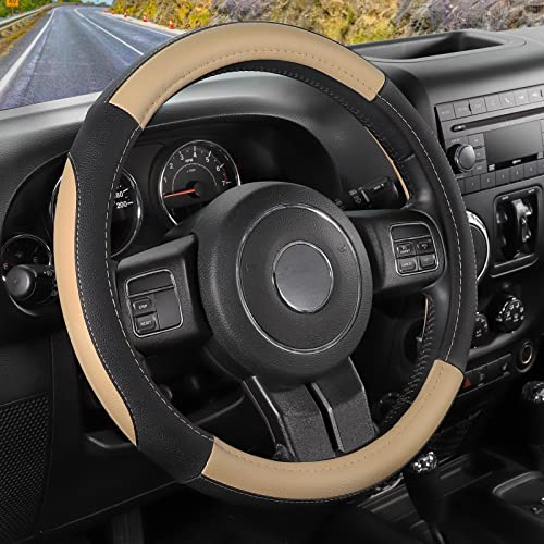 SEG Direct Car Steering Wheel Cover for F-150 Tundra Range Rover 15.5-16 inch, Black and Beige Microfiber Leather