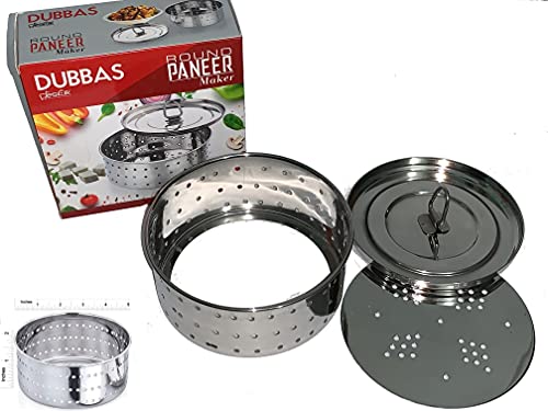Dubbas - Round Paneer Maker, Easy to Use 5" Diameter X 2" Height (2.5 Cups / 625ML) Stainless Steel Indian Cheese Paneer Press Mould