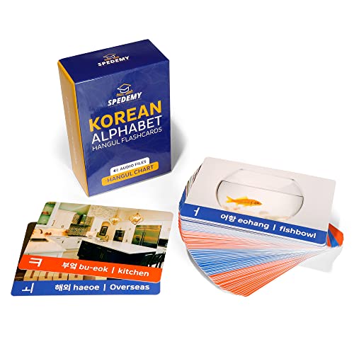 Spedemy Learn Korean Language Hangul Flashcards for Beginners - 80 Korean Alphabet Flash Cards, Audio Files with Pictures for Memory - Hangul Chart, Korean Gift for Travelers, Kids and Adults Fun Game