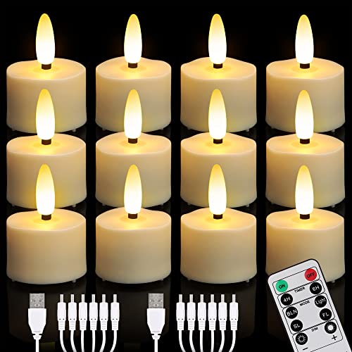 Daord USB Rechargeable 3D Wicks Tealights Candle Flameless Flickering Battery Operated with Remote Control & Timer Realistic Led Tea Lights for Halloween Christmas Home Decor (12 PCS,Rechargeable)