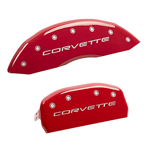 MGP Caliper Covers Caliper Cover Fits 1997-2004 Chevrolet Corvette C5, Red Powder Coat Finish Brake Caliper Covers, Corvette Logo Engraved with Silver (4-Pack) 13007SCV5RD