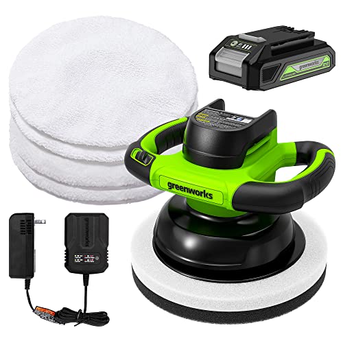 Greenworks 24V Powerful Cordless Car Buffer & Polisher, 10-inch pad 2800 RPM waxing machine with 4 Buffing Bonnets, 2.0Ah Battery & 2A Charger included