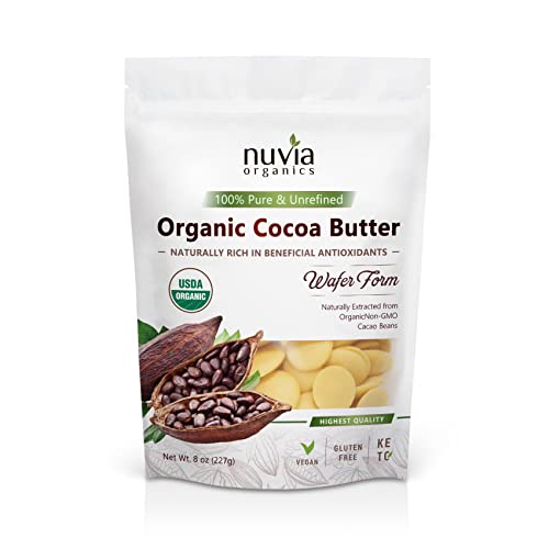 Nuvia Organics Cocoa Butter - 100% USDA Certified Organic, Wafer Form, Non-GMO, Unrefined, Gluten-Free, Food Grade, Edible, Keto, Vegan; 8oz