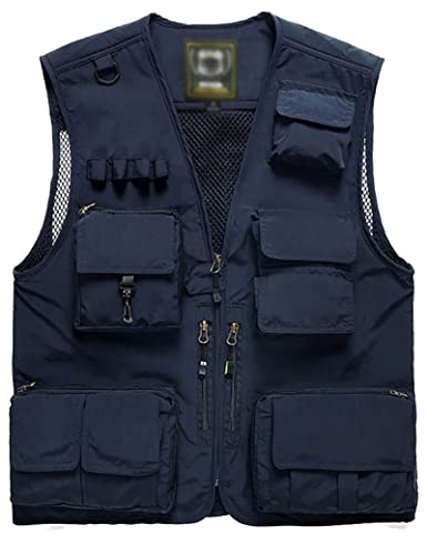 Flygo Men's Casual Lightweight Outdoor Travel Fishing Vest Jacket Multi Pockets (XXX-Large, Navy Blue)