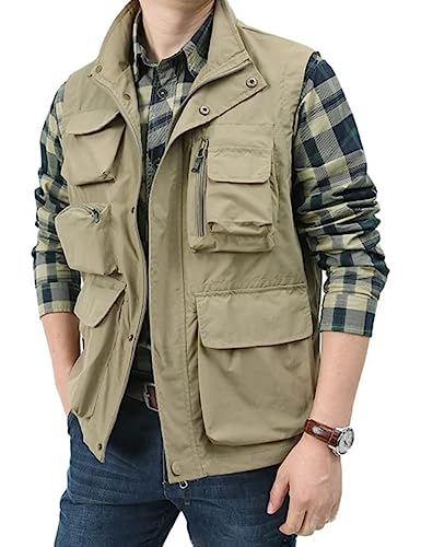 Yimoon Mens Utility Vest Summer Outdoor Lightweight Cargo Safari Fishing Vests Shooting Travel Vest with Pockets(Khaki-L)