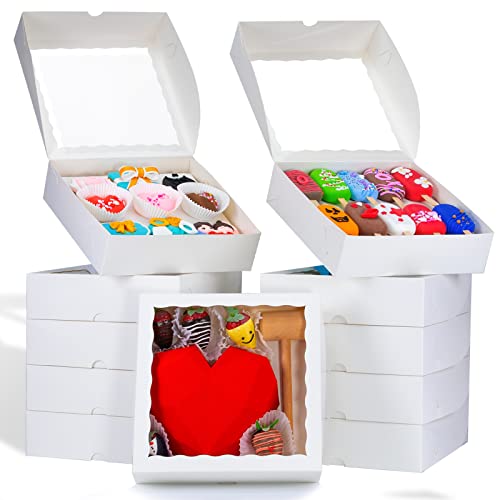 RomanticBaking 14pcs 9x9x2.5 Inches Bakery Boxes with Window Pie Boxes Breakable Heart Boxes Chocolate Covered Strawberries Boxes Cookies Boxes Cakesickle Boxes