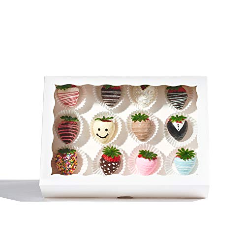 JCXGRVC 4PCS 10 x 7 x 2.5 inches Elegant Cookies Boxes, Strawberries Boxes with Display Window, White Paper Box