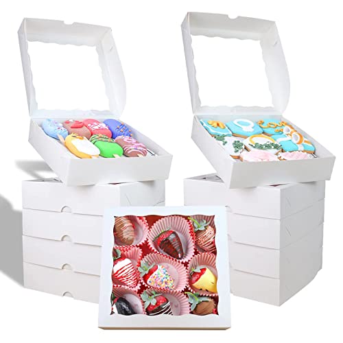 RomanticBaking 50pcs 8x8x2 Inches Bakery Boxes with Window Cookies Boxes Chocolate Covered Strawberries Boxes Pretzel Boxes Cakesicle Browines Boxes