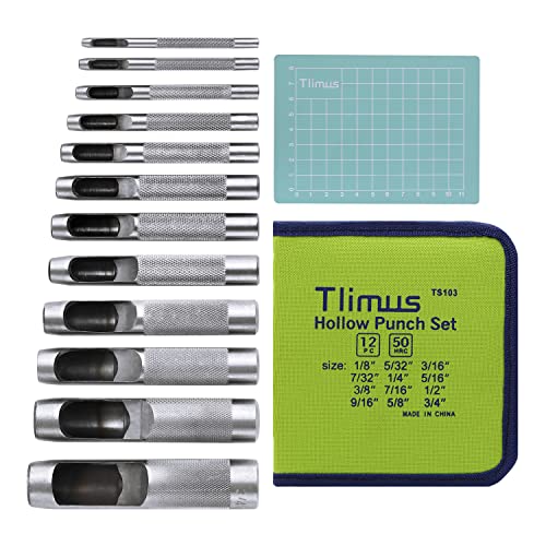 Tlimus 12 Pieces Hollow Punch Set (1/8"-3/4") with a Free Cutting Mat, Leather Hole Punches with Storage is Widely Used in Watch Straps, Belts, Cloth, Leather Gaskets(12)