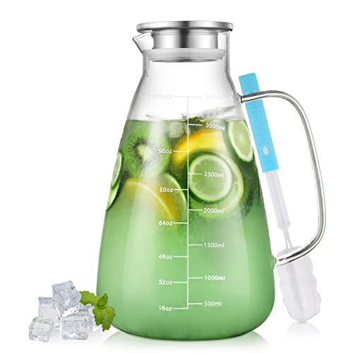 Glass Pitcher with Lid 1 Gallon, 113OZ Glass Water Pitcher with Precise Scale Line, WELLCHE 18/8 Stainless Steel Tea Pitcher 1 Gallon for Fridge, Easy to Clean Heat & Cold Resistant Borosilicate Glass