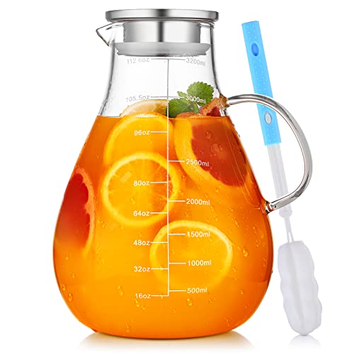 Glass Pitcher with Lid, 112.6oz Glass Water Pitcher with Precise Scale Line, HOUSALE 18/8 Stainless Steel Iced Tea Pitcher, Easy Clean Heat Resistant Borosilicate Glass for Milk, Cold & Hot Beverages