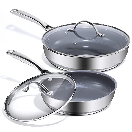 REDMOND Nonstick Frying Pan Skillet Set with Lids, 8 Inch & 10 Inch Stainless Steel Deep Frying Pans with Ceramic Coating, Dishwasher & Oven Safe