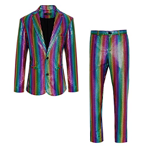 CARUHIF Men's metallic sequin slim suit two-piece set 70s disco prom outfit(Z2707,3XL)