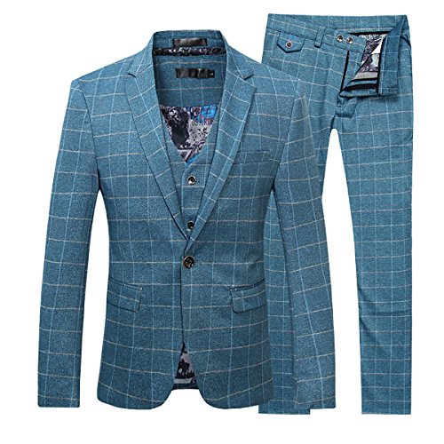 Cloudstyle Men's Suit Plaid Modern Fit 3-Piece Suit Center Vent Blazer Jacket Tux Vest & Trousers,Blue,Small