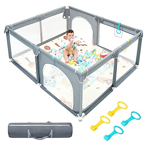 Baby Playpen,71"x59" Extra Large Baby Playard, Playpen for Babies with Gate, Baby Toys 0-6 to 12 Months Baby Activity Center, Sturdy Safety Playpen with Soft Mesh, Playpen for Toddlers(Gray)