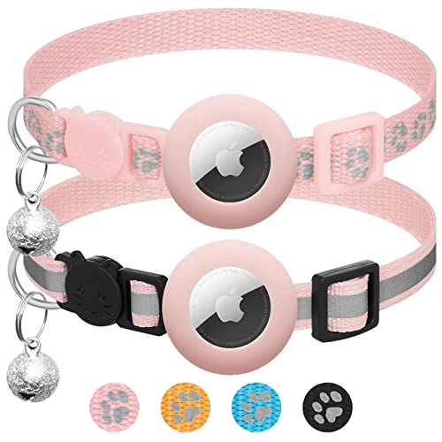 2Pack Airtag Cat Collar Breakaway with Bell,Reflective Kitten Collar with Apple Airtag Cat Collar Holder,Adjustable 7-12In,Safety Buckle for Girl Boy Cats,Pet Supplies,Accessories,Gifts (Pink)