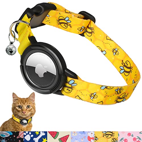 Upgraded AirTag Cat Collar, FEEYAR Integrated GPS Cat Collar with Apple Air Tag Holder and Bell [Yellow], Safety Elastic Band Tracker Cat Collars for Girl Boy Cats, Kittens and Puppies
