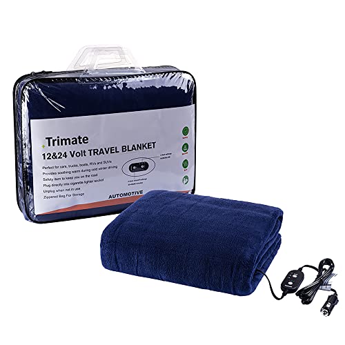 trimate Electric Car Heating Blanket Plush 3 Heat Settings, Auto Shutoff, Washable, 55 X 40, Plugs into Cars 12v and Trucks 24v Outlet, Great for Cold Weather, Tailgating, Emergency Kits, Blue