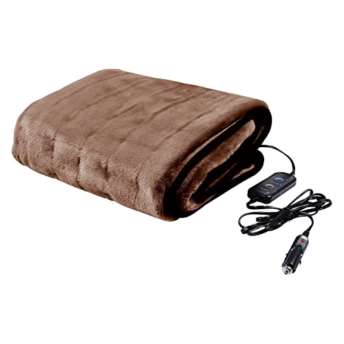 GREAT WORKING TOOLS Heated Car Blanket, 12v Heated Blanket for Car Electric Blanket 12v Washable 3 Heat Settings Auto Shutoff 55" X 40" - Brown