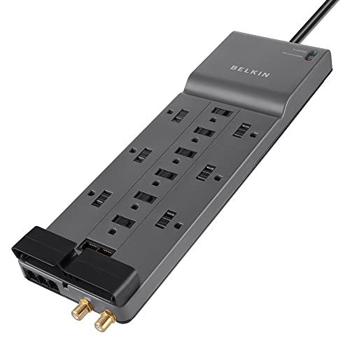 Belkin Power Strip Surge Protector with 12 AC Multiple Outlets, 10 ft Long Flat Plug Heavy Duty Extension Cord for Home, Office, Travel, Computer Desktop, Laptop & Phone Charging Bricks (4,156 Joules)