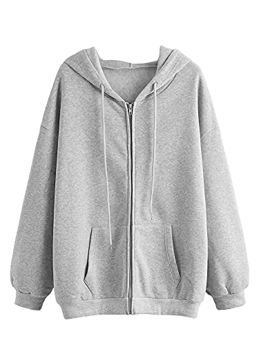 SheIn Women's Oversized Long Sleeve Drawstring Drop Shoulder Zip Up Hoodie Sweatshirt Light Grey M