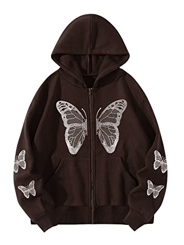 SheIn Women's Butterfly Print Long Sleeve Hoodies Zip Up Drop Shoulder Hooded Sweatshirts Chocolate Brown L