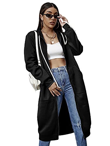 SheIn Women's Zip Up Long Hoodie Pocket Drawstring Basic Zipper Tunic Hooded Sweatshirt Black Medium